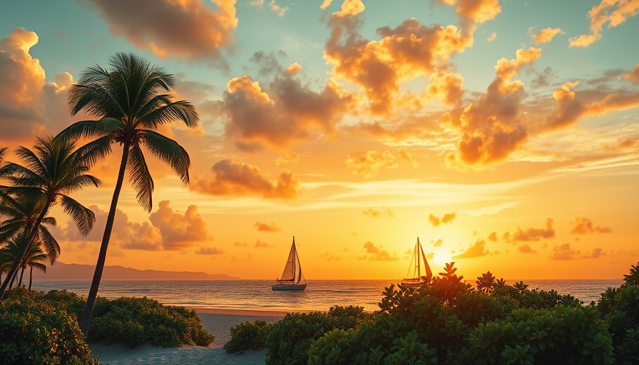 Tranquil beach with sunset and sailboats, perfect for Sandals anniversary discount.