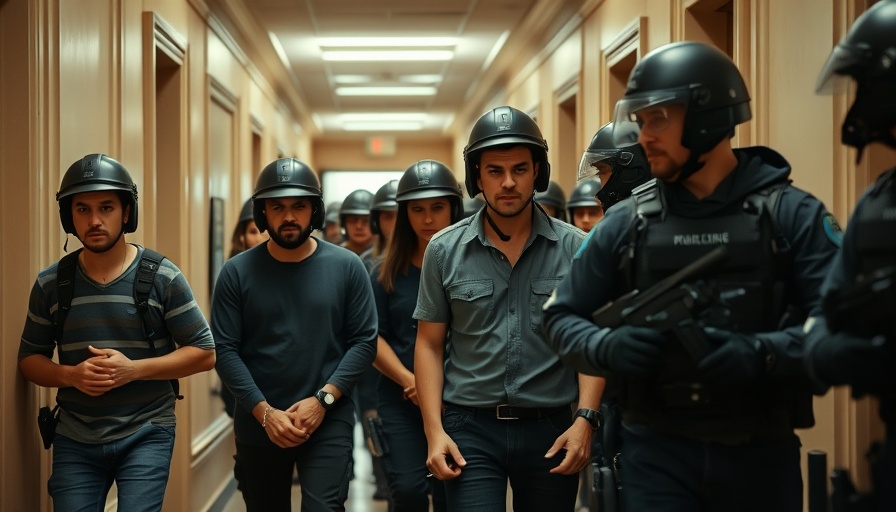 Armored officers escort individuals in handcuffs, 2025 Trafficking in Persons Report.