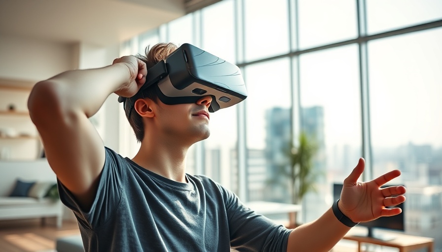 Man using VR headset during virtual open houses in bright apartment.