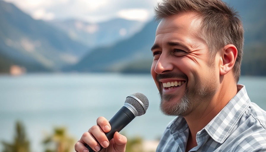 Middle-aged man in front of mountain lake backdrop, authenticity over clickbait.