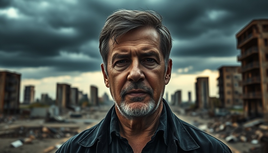 AI in real estate concept with concerned man in dystopian setting.