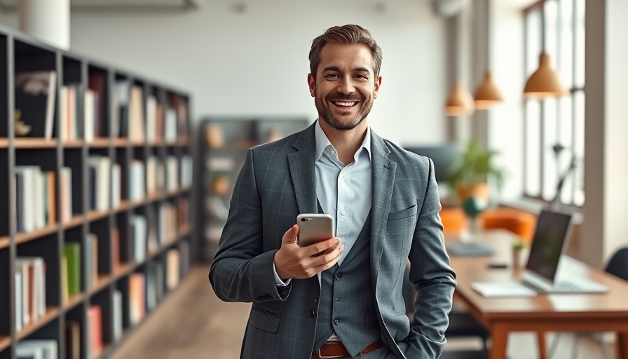 Confident businessman in an office, smiling with smartphone.