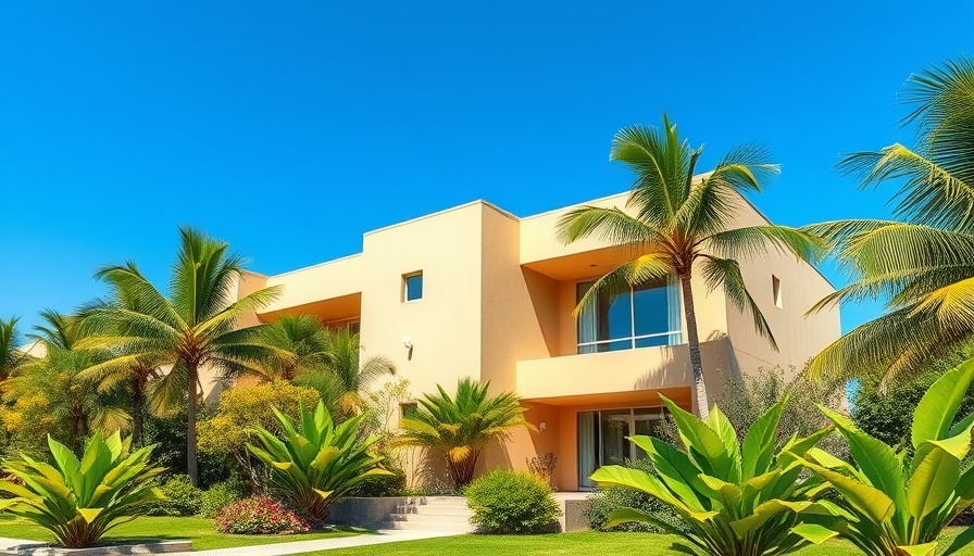 Modern building in Caribbean tropical setting, sunny day.