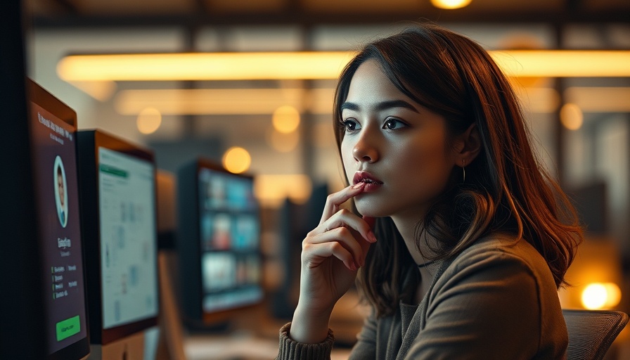 Young woman thinking deeply about online content, warm office setting.