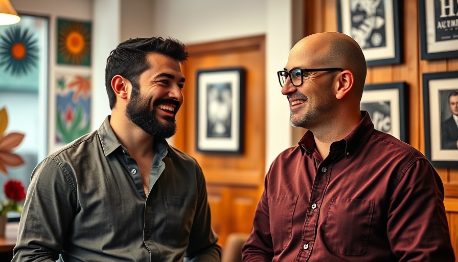 Casual conversation of two men indoors celebrating Lab Coat Agents turning 11.