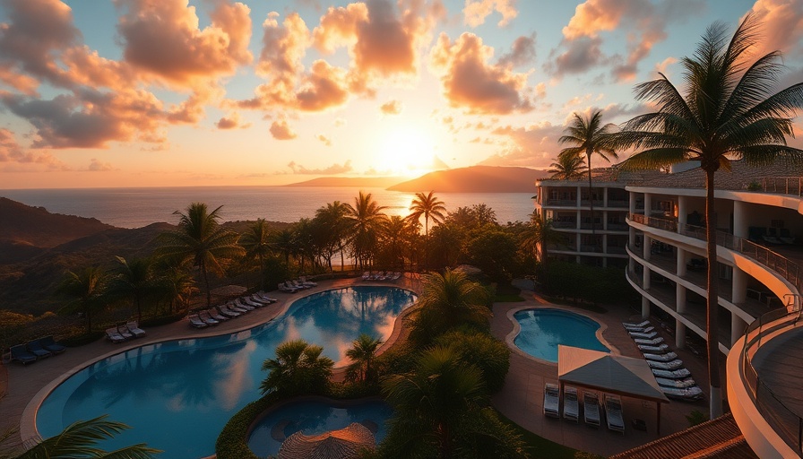 Newest Sandals Resort with pools and cabanas at sunset.