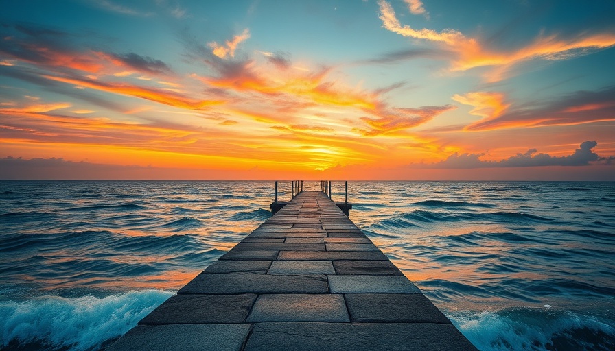 Sunset pier overlooking ocean waves under colorful sky.
