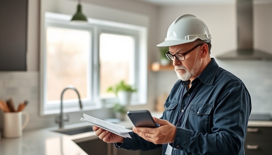 Home inspector noting inspection details in a modern kitchen.