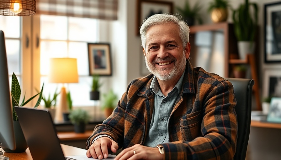 Smiling man in home office with decor, construction costs real estate