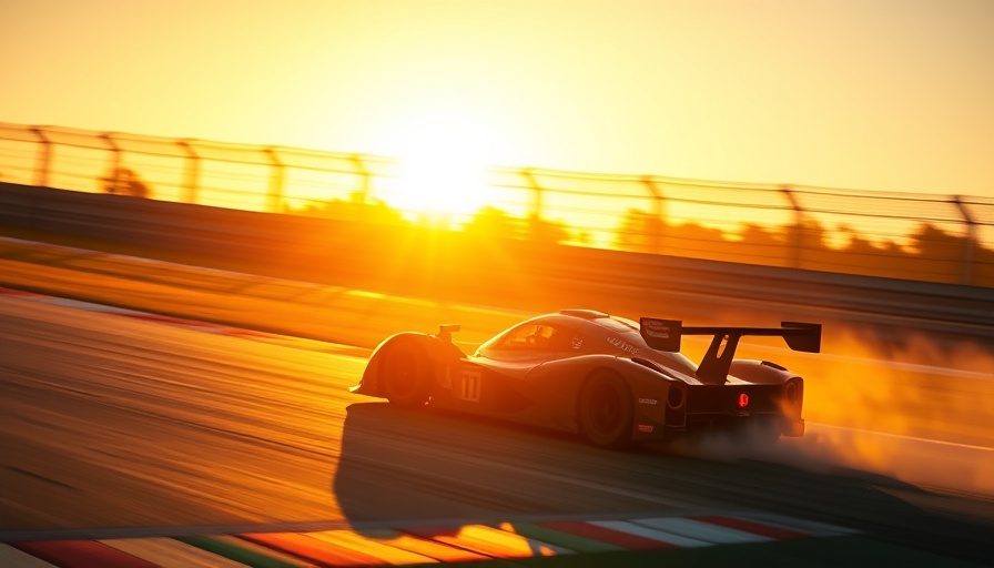 Silhouetted race car at sunset on a track, UN Tourism Awards for Excellence in Sustainable Sports Tourism.