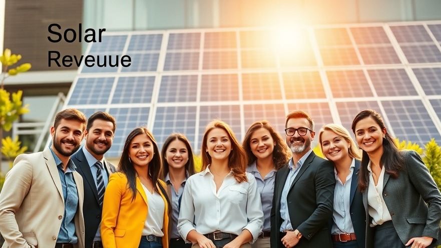 Diverse professionals in business attire with solar panels, highlighting solar solutions for real estate market trends.