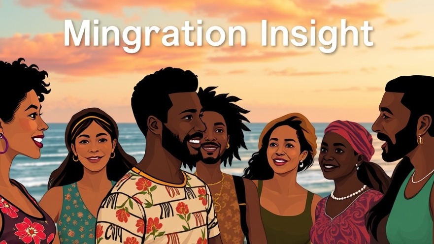 Diverse Caribbean people discussing migration impacts during sunset, highlighting ILO CARICOM collaboration.