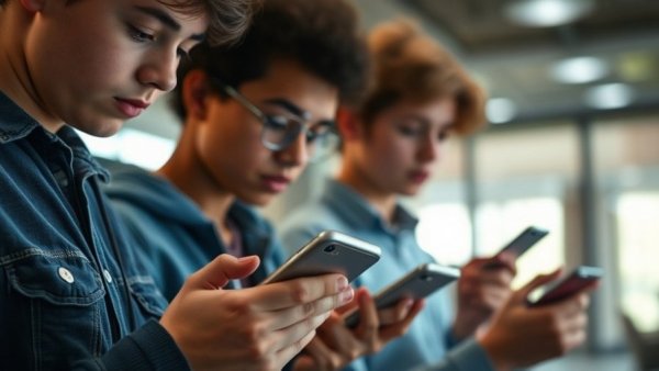 Teenagers closely focused on smartphones representing teen social media bans.