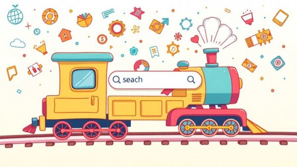 Cartoon train illustration with search bar and SEO icons for MozCon NYC 2026 SEO Strategies.
