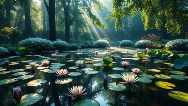 AI-generated Monet artwork experiment; serene lily pond in garden.