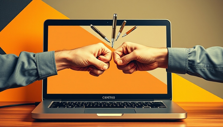 AI-generated blog posts comparison collage with laptop and fists