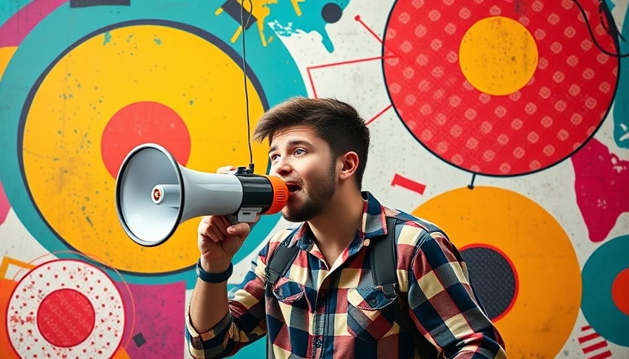 Enthusiastic young man with megaphone, colorful marketing theme.