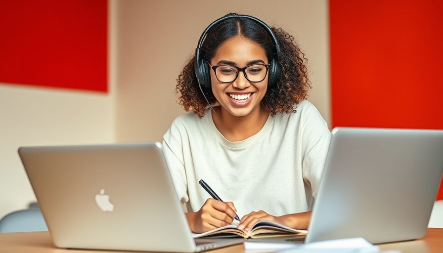 Smiling woman using laptop and writing notes, highlighting the best CRMs for utilities 2025.