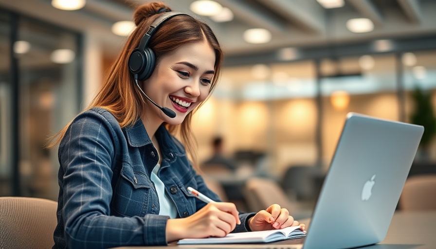 Smiling woman in headset using laptop for CRM work