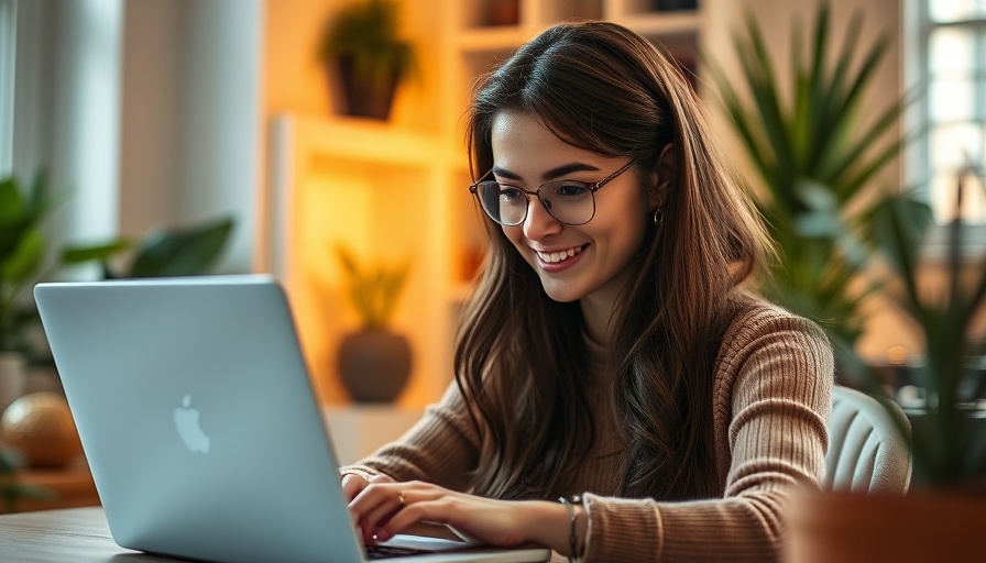 Young woman optimizing Google Business Profile on laptop, cozy setting.