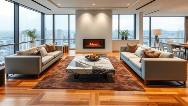 Hoboken luxury condos with sunset views, modern living room.