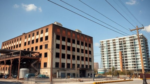 Hoboken North End redevelopment area, industrial building and urban scene.