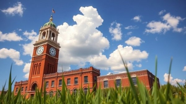 Historic building in Newark development area under blue sky.