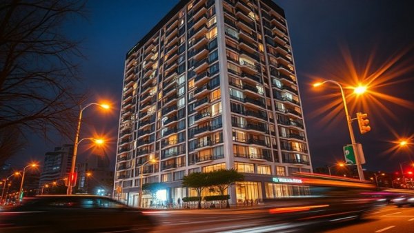Fort Lee luxury rentals high-rise at night with glowing windows.