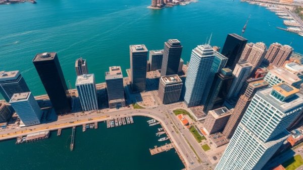 Aerial view of Harborside 9 development Jersey City with skyscrapers.