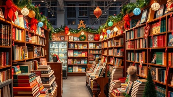 Festive New Jersey independent bookstore display with holiday books and toys.