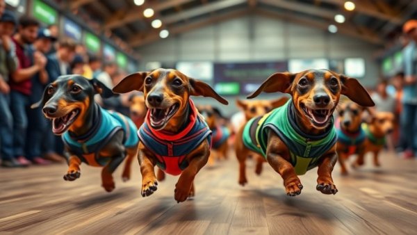 Exciting dachshund race at Super Pet Expo 2026 indoors.