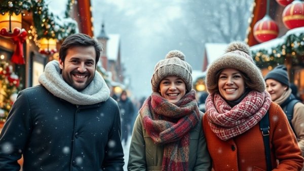 Family enjoying New Jersey holiday markets in snow