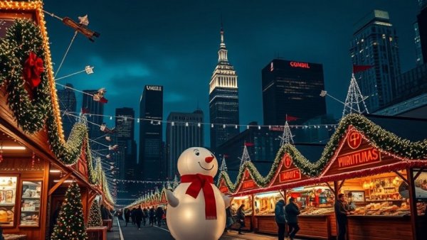 Festive holiday market with snowman and lights in Jersey City.