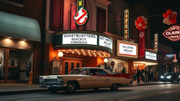 Classic car in front of Cranford Theater at night during New Jersey event.