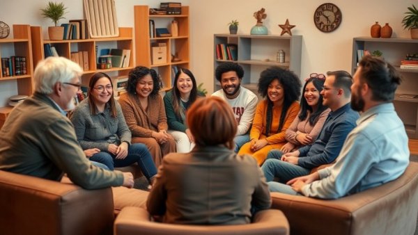 Shabbat Club community experience, group seated in a circle sharing stories indoors.