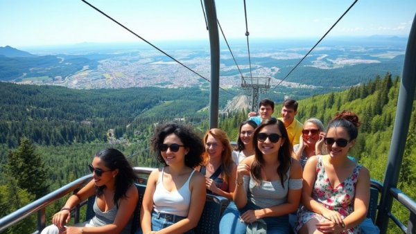 Scenic cable car ride overlooking lush forests and cityscape, Best Family Travel Destinations 2025.
