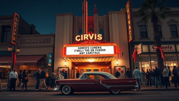 Festive theater scene in NJ, vintage car front, nighttime lights.