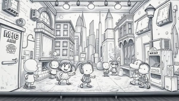 Pencil-drawn mural at Jake Troyli Fine Line exhibition with whimsical characters.