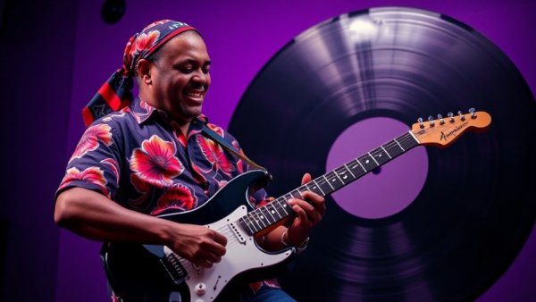 Stevie Van Zandt story: Vivid musician plays guitar with vinyl record backdrop.