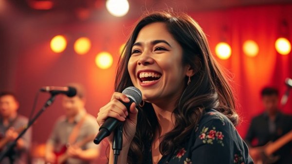 Joyful female singer performing on stage for New Jersey arts news.