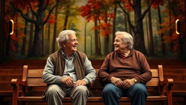 Two actors on stage in NJ theater, reviewing a play scene.