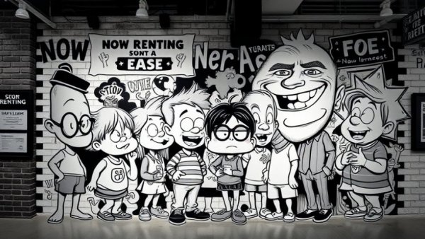 New Jersey arts news: Black and white mural with whimsical figures.