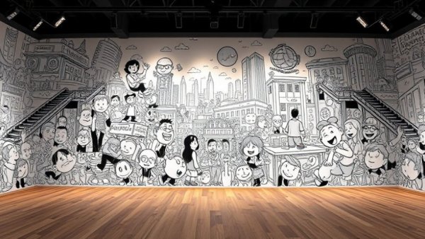 Jake Troyli Fine Line Exhibition mural with cartoon figures in gallery.