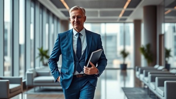 Middle-aged man in a modern office setting with a blue suit, representing underrated films 2025.