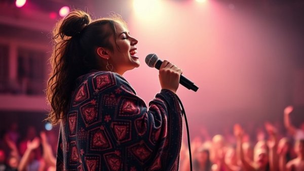 Joyful performer singing on a brightly lit stage, New Jersey arts news.