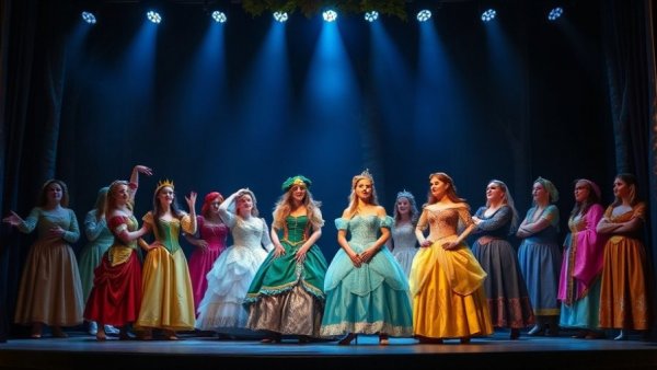 Ensemble cast dramatizes 'Into the Woods' amidst glowing blue stage.