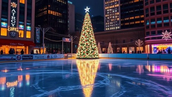 Newark Winter Market night scene with lit Christmas tree and ice rink.