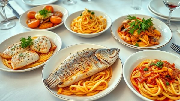 Feast of the Seven Fishes NJ: Seafood dishes on a table with drinks, festive ambiance.