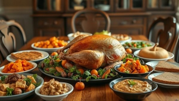 Lavish Thanksgiving dinner spread with turkey and sides in NJ.