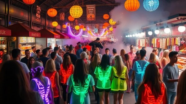 Festive Jersey City Halloween Night Market with glowing costumes.